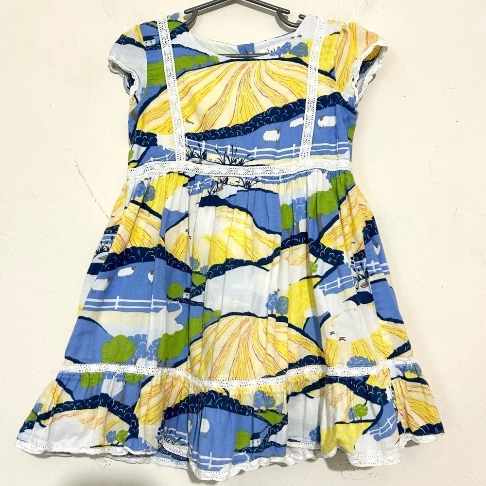 Mini Boden Countryside Sheep Blue & Yellow Cotton Dress SIZE 4/5